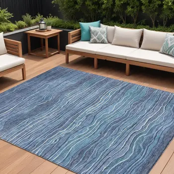 10' X 14' Denim Blue And Sky Blue Abstract Washable Indoor Outdoor Area Rug