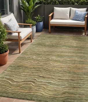 5' X 8' Fern Green And Taupe Abstract Washable Indoor Outdoor Area Rug