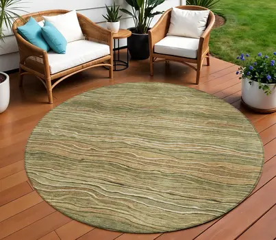 8' Fern Green And Taupe Round Abstract Washable Indoor Outdoor Area Rug