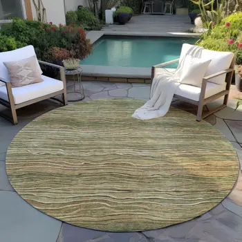 8' Fern Green And Taupe Round Abstract Washable Indoor Outdoor Area Rug