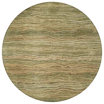 8' Fern Green And Taupe Round Abstract Washable Indoor Outdoor Area Rug