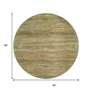 8' Fern Green And Taupe Round Abstract Washable Indoor Outdoor Area Rug