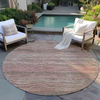 8' Brown And Copper Round Abstract Washable Indoor Outdoor Area Rug