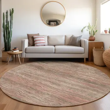8' Brown And Copper Round Abstract Washable Indoor Outdoor Area Rug