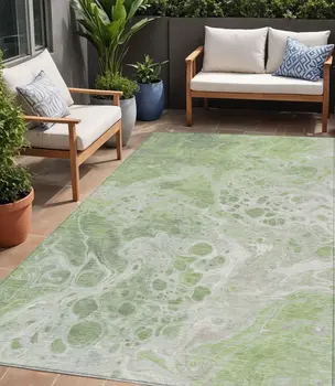 5' X 8' Artichoke Green And Ivory Abstract Washable Indoor Outdoor Area Rug