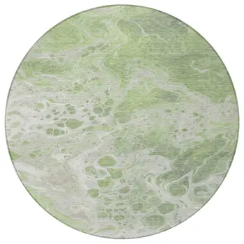 8' Artichoke Green And Ivory Round Abstract Washable Indoor Outdoor Area Rug