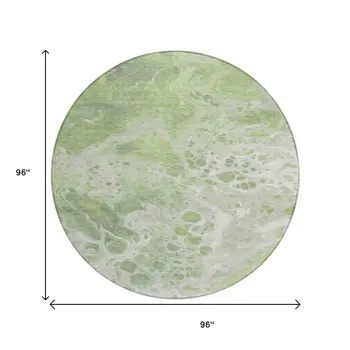 8' Artichoke Green And Ivory Round Abstract Washable Indoor Outdoor Area Rug