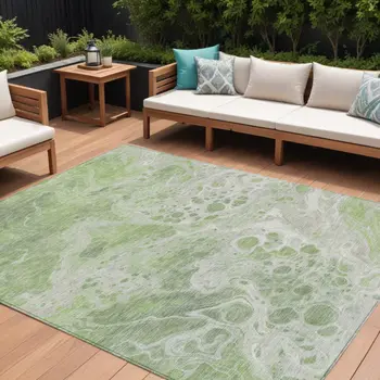 9' X 12' Artichoke Green And Ivory Abstract Washable Indoor Outdoor Area Rug