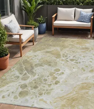 5' X 8' Gold And Ivory Abstract Washable Indoor Outdoor Area Rug