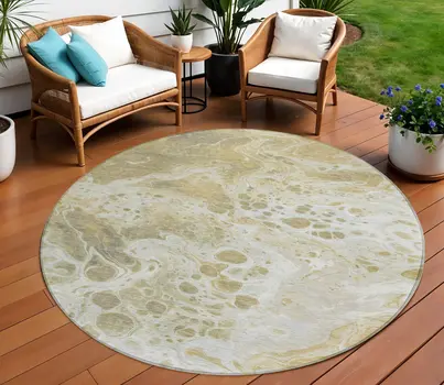 8' Gold And Ivory Round Abstract Washable Indoor Outdoor Area Rug