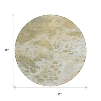 8' Gold And Ivory Round Abstract Washable Indoor Outdoor Area Rug