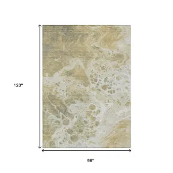 8' X 10' Gold And Ivory Abstract Washable Indoor Outdoor Area Rug