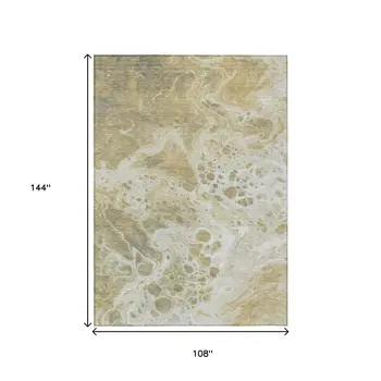 9' X 12' Gold And Ivory Abstract Washable Indoor Outdoor Area Rug