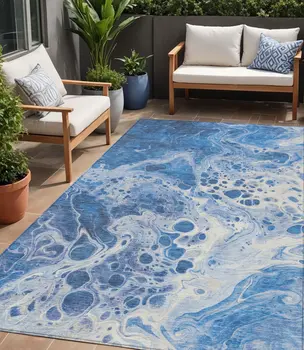 5' X 8' Navy Blue And Ivory Abstract Washable Indoor Outdoor Area Rug