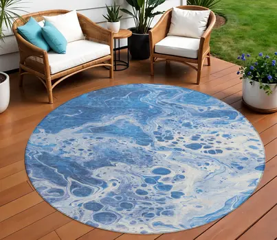8' Navy Blue And Ivory Round Abstract Washable Indoor Outdoor Area Rug