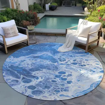 8' Navy Blue And Ivory Round Abstract Washable Indoor Outdoor Area Rug