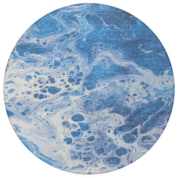 8' Navy Blue And Ivory Round Abstract Washable Indoor Outdoor Area Rug