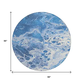 8' Navy Blue And Ivory Round Abstract Washable Indoor Outdoor Area Rug