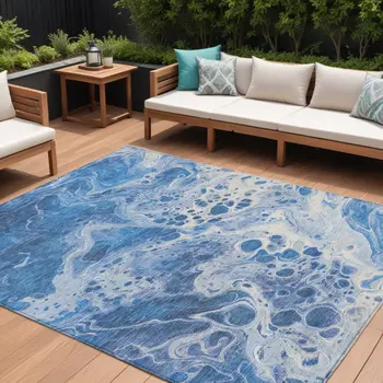 10' X 14' Navy Blue And Ivory Abstract Washable Indoor Outdoor Area Rug