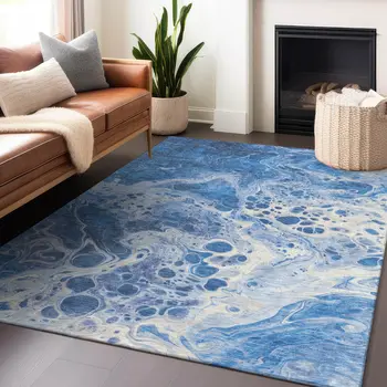 10' X 14' Navy Blue And Ivory Abstract Washable Indoor Outdoor Area Rug