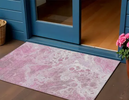 3' X 5' Pink And Ivory Abstract Washable Indoor Outdoor Area Rug