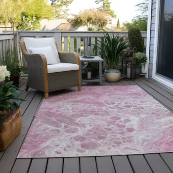 3' X 5' Pink And Ivory Abstract Washable Indoor Outdoor Area Rug