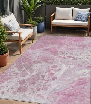 5' X 8' Pink And Ivory Abstract Washable Indoor Outdoor Area Rug