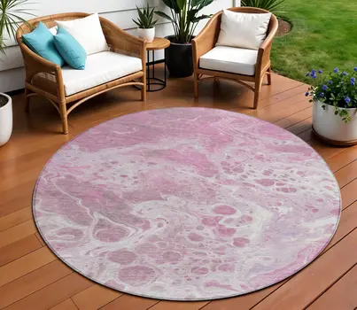 8' Pink And Ivory Round Abstract Washable Indoor Outdoor Area Rug
