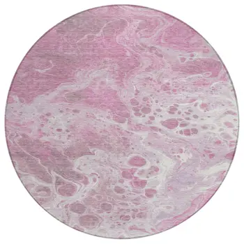 8' Pink And Ivory Round Abstract Washable Indoor Outdoor Area Rug