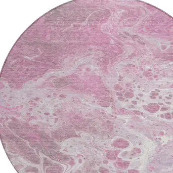 8' Pink And Ivory Round Abstract Washable Indoor Outdoor Area Rug
