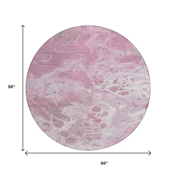 8' Pink And Ivory Round Abstract Washable Indoor Outdoor Area Rug