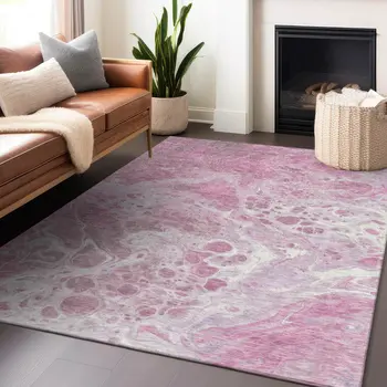 8' X 10' Pink And Ivory Abstract Washable Indoor Outdoor Area Rug