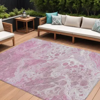 10' X 14' Pink And Ivory Abstract Washable Indoor Outdoor Area Rug