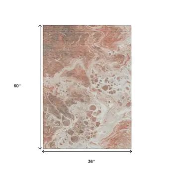 3' X 5' Rust And Ivory Abstract Washable Indoor Outdoor Area Rug