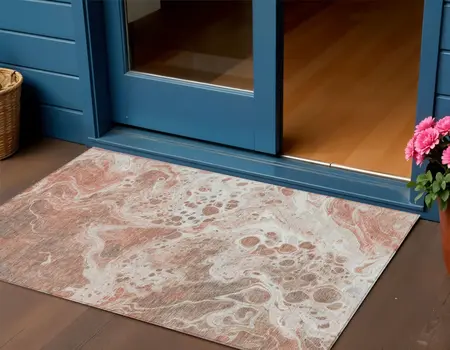 3' X 5' Rust And Ivory Abstract Washable Indoor Outdoor Area Rug