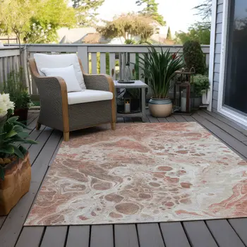 3' X 5' Rust And Ivory Abstract Washable Indoor Outdoor Area Rug