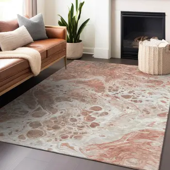 3' X 5' Rust And Ivory Abstract Washable Indoor Outdoor Area Rug