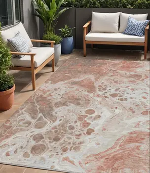 5' X 8' Rust And Ivory Abstract Washable Indoor Outdoor Area Rug