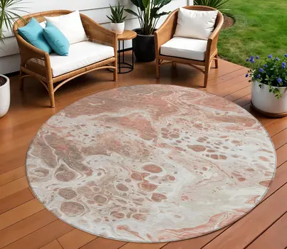 8' Rust And Ivory Round Abstract Washable Indoor Outdoor Area Rug