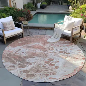 8' Rust And Ivory Round Abstract Washable Indoor Outdoor Area Rug
