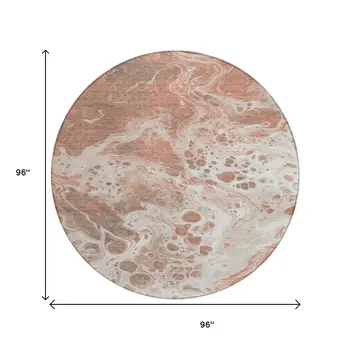 8' Rust And Ivory Round Abstract Washable Indoor Outdoor Area Rug