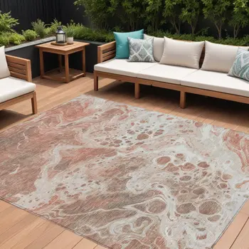 10' X 14' Rust And Ivory Abstract Washable Indoor Outdoor Area Rug