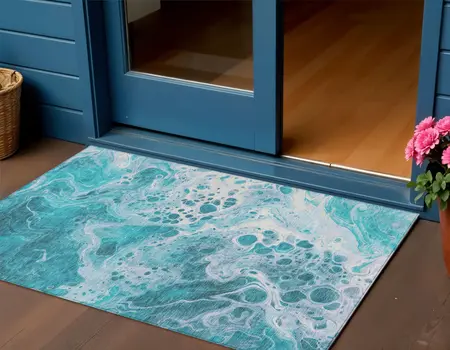 3' X 5' Teal Blue And Ivory Abstract Washable Indoor Outdoor Area Rug