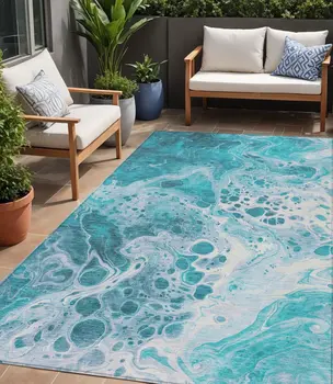 5' X 8' Teal Blue And Ivory Abstract Washable Indoor Outdoor Area Rug