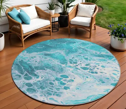 8' Teal Blue And Ivory Round Abstract Washable Indoor Outdoor Area Rug