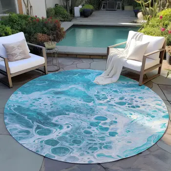 8' Teal Blue And Ivory Round Abstract Washable Indoor Outdoor Area Rug