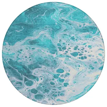 8' Teal Blue And Ivory Round Abstract Washable Indoor Outdoor Area Rug
