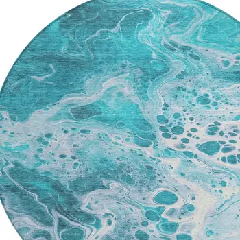 8' Teal Blue And Ivory Round Abstract Washable Indoor Outdoor Area Rug