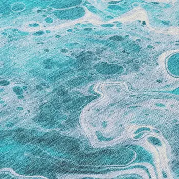 8' Teal Blue And Ivory Round Abstract Washable Indoor Outdoor Area Rug