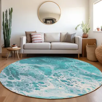 8' Teal Blue And Ivory Round Abstract Washable Indoor Outdoor Area Rug